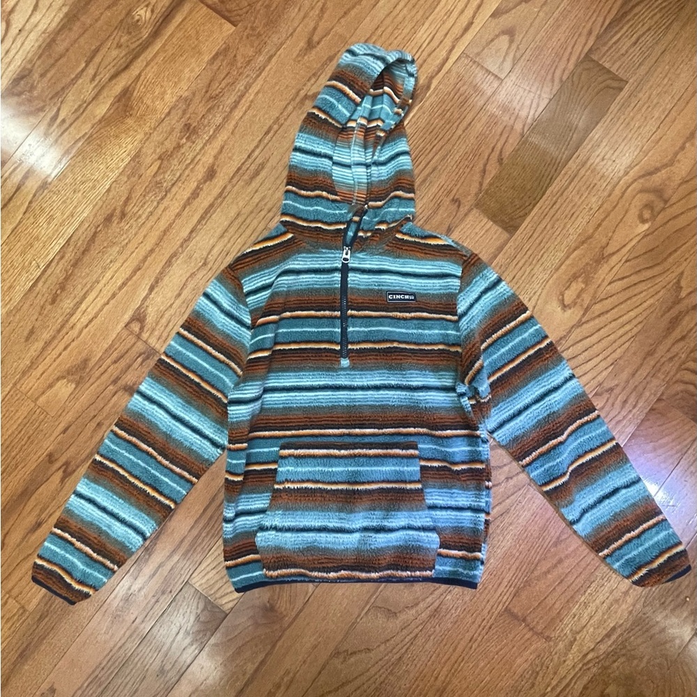 Cinch Boys Multicolored Striped Fleece 1/4 Zip Hooded Pullover Size L (12)